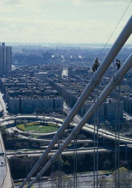 George Washington Bridge View looking southeast showing back span side of New York tower, workers are inspecting suspender saddles and cables 
(HAER, NY,31-NEYO,161-67)