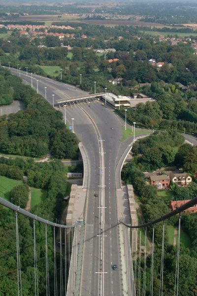 View from the tower of Humber Bridge onto the toll plaza 