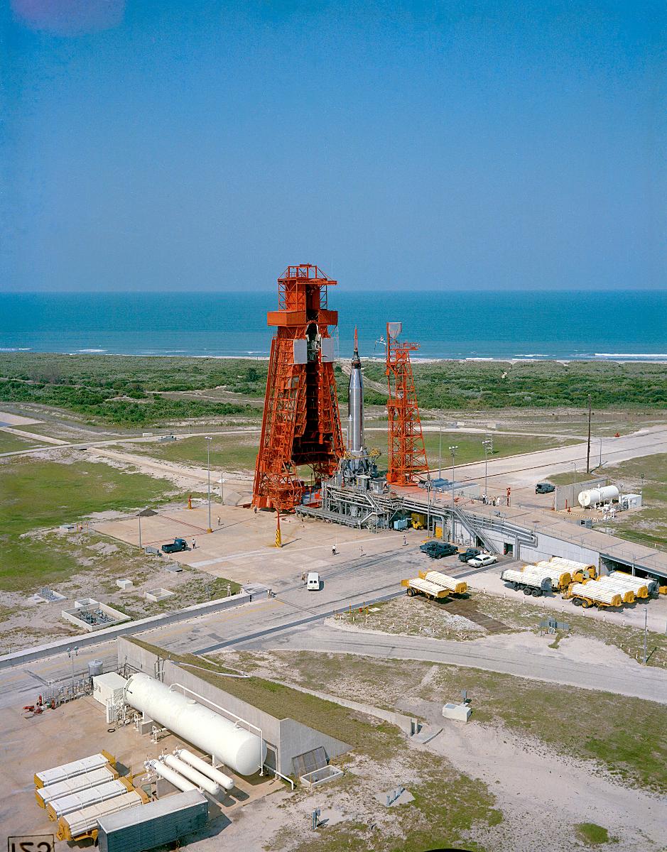 Media File No. 17240 Aerial view of Launch Complex 14 with Missile Row visible to the right. Mercury-Atlas 9 (MA-9), visible on Pad 14, is scheduled to carry astronaut Gordon Cooper for the fourth manned orbital mission.