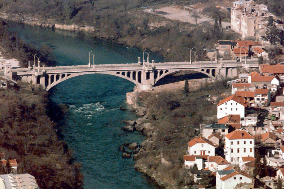 An aerial shot of the new bridge, rebuilt with European funds, in Mostar, Bosnia-Herzegovina 
