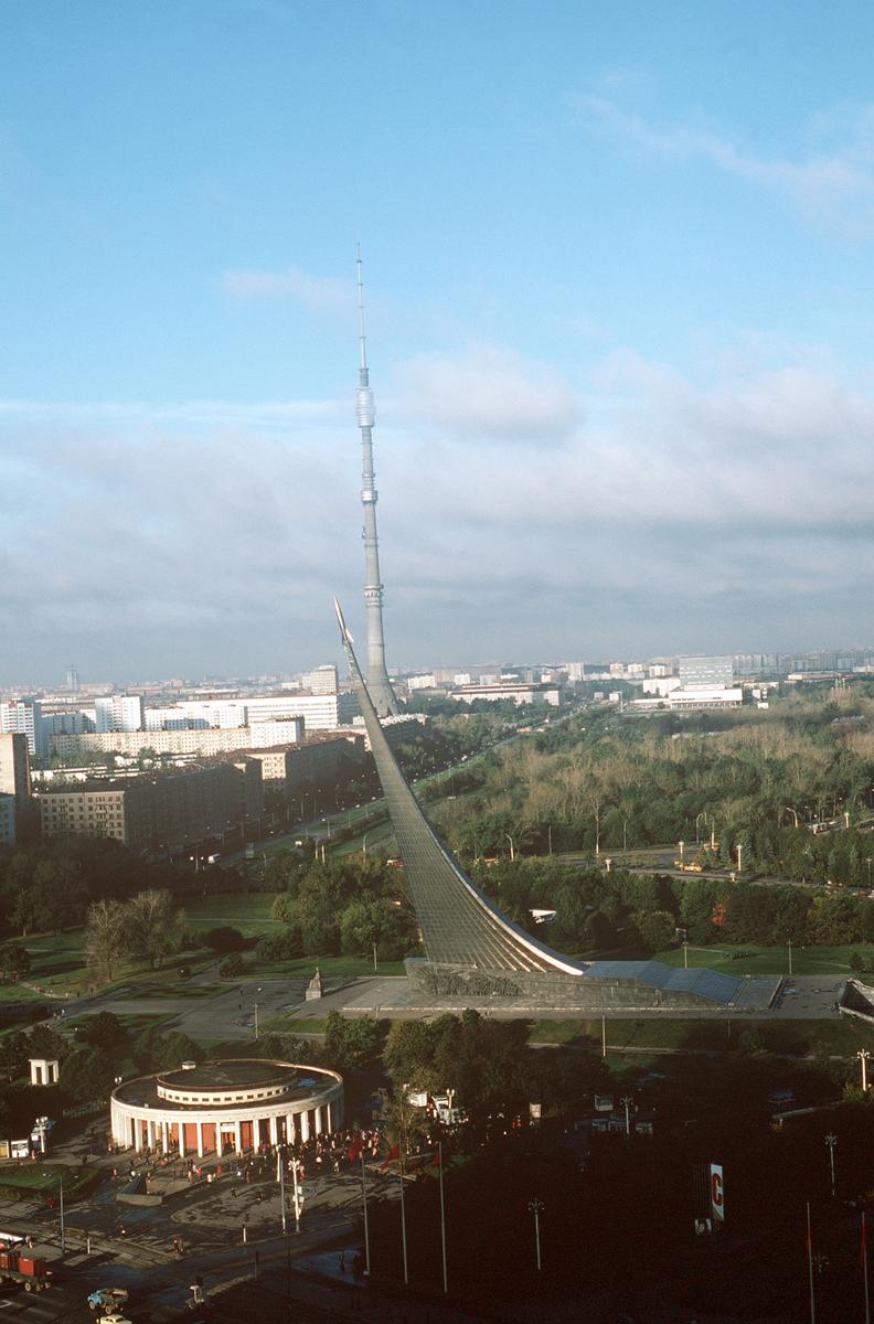 Media File No. 80251 An elevated view of the Yuri Gagarin Monument devoted to the achievements of the Soviet people in space exploration. Behind the monument the Moscow television tower (tallest reinforced concrete structure in the world) can be seen. The circular building in the foreground is one of the stations of the Moscow subway system