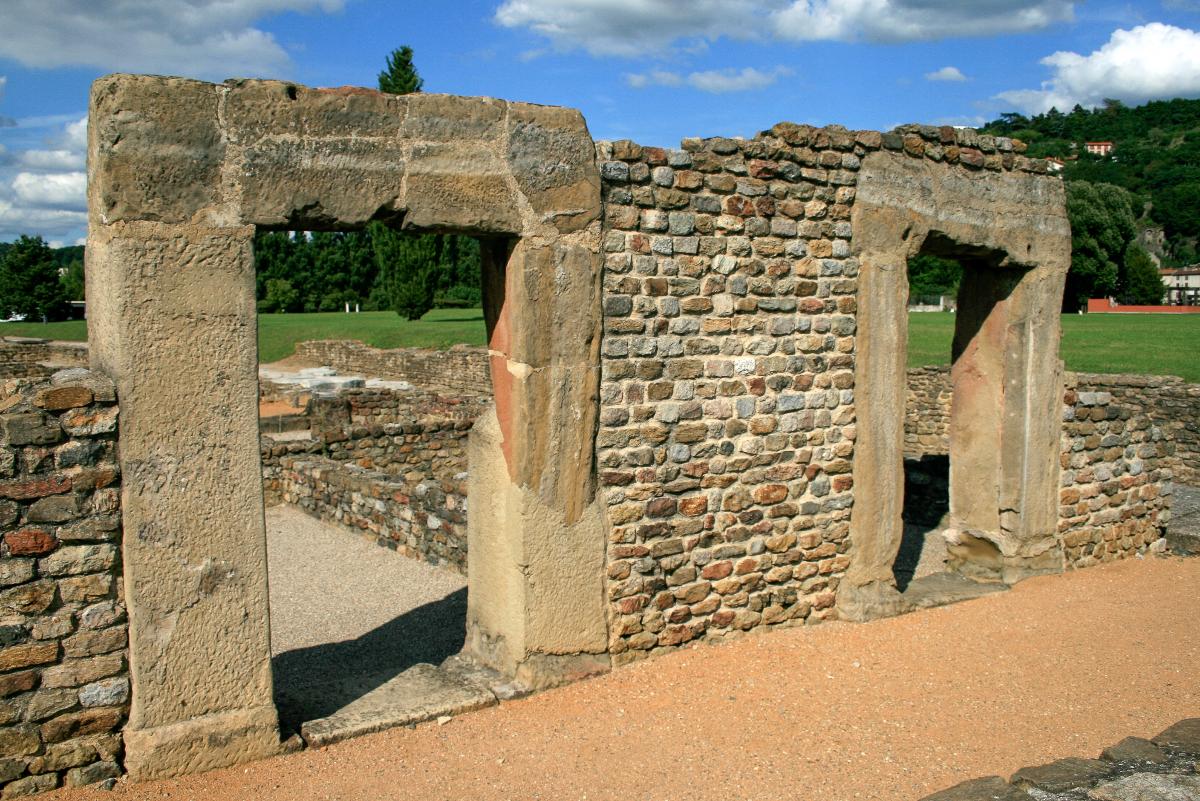 Old villa's doors. Remains and reconstruction of La Maison des Dieux Océan Archaeological Site of Saint-Romain-en-Gal.