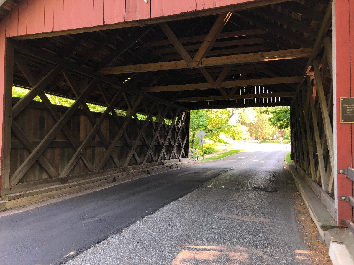 View southwest through the Scarborough Bridge It carries Covered Bridge Road over the North Branch Cooper River in Cherry Hill Township, Camden County, New Jersey