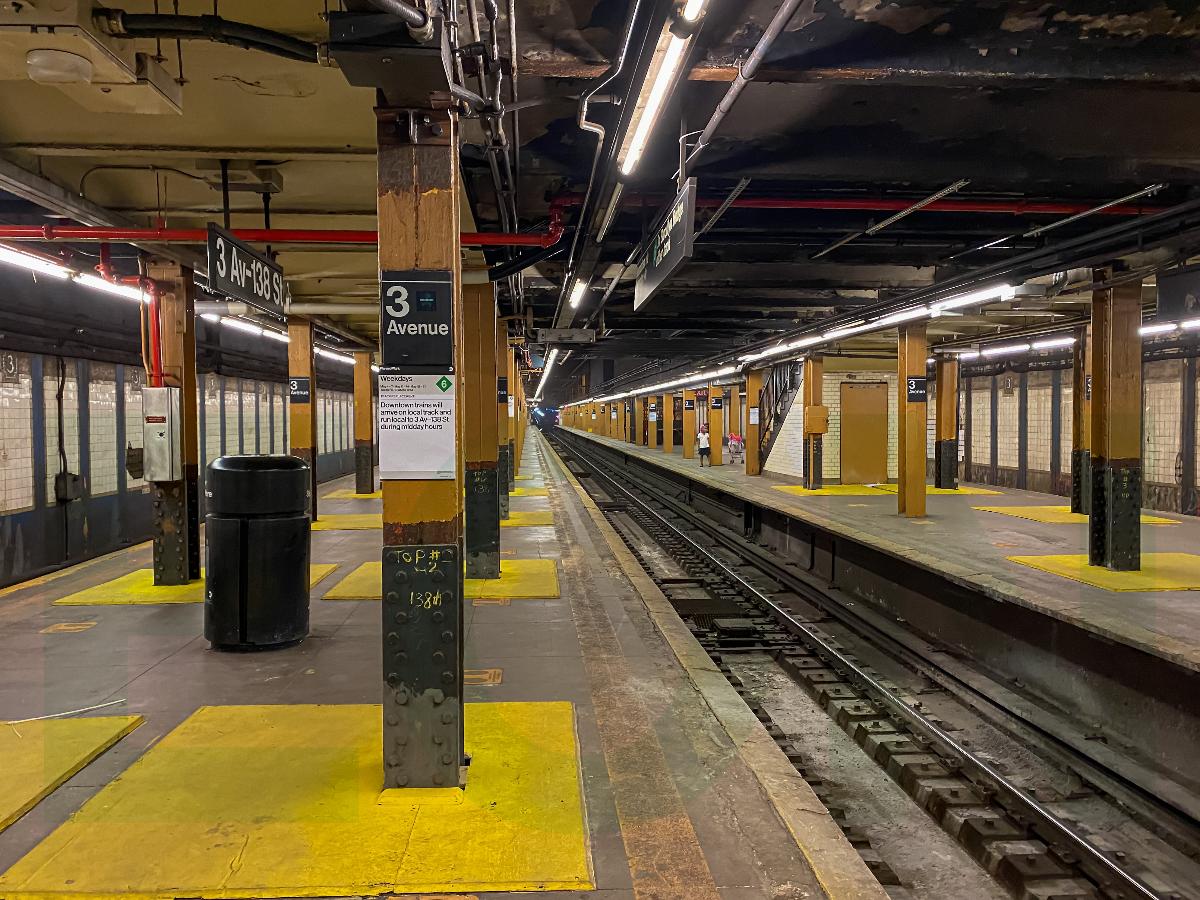 The degraded platforms, walls and floors of the 3rd Avenue-138th Street station, located on the (6) line, as an express stop 