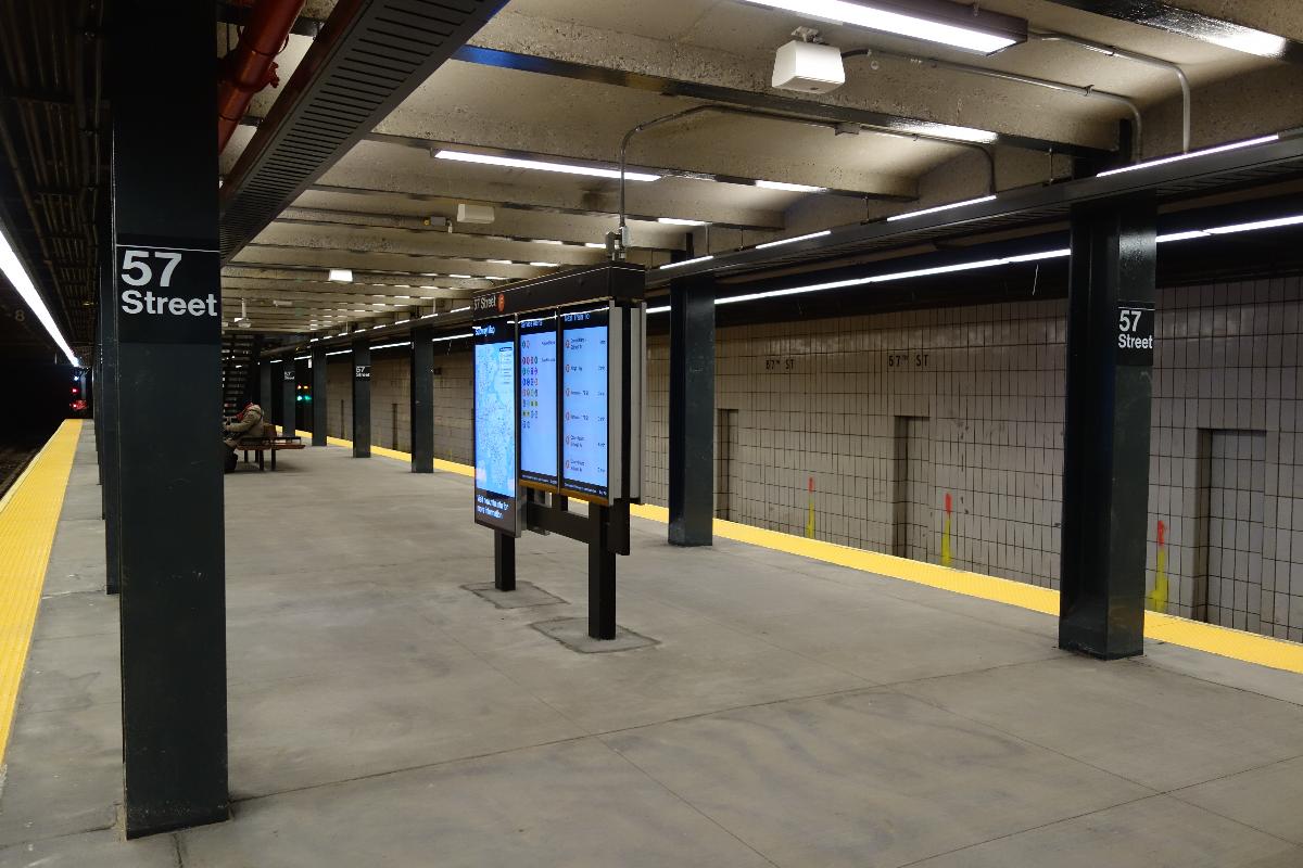 The reopened 57th Street station of the IND Sixth Avenue Line in Midtown Manhattan The station was reopened almost randomly this evening, after five months of renovations under the MTA's Enhanced Station Initiative.