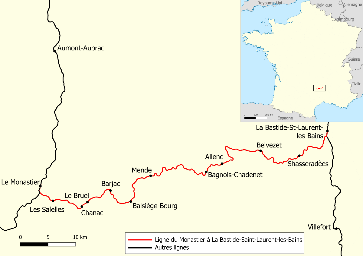 Tracé de la ligne ferroviaire française du Monastier à La Bastide-Saint-Laurent-les-Bains 