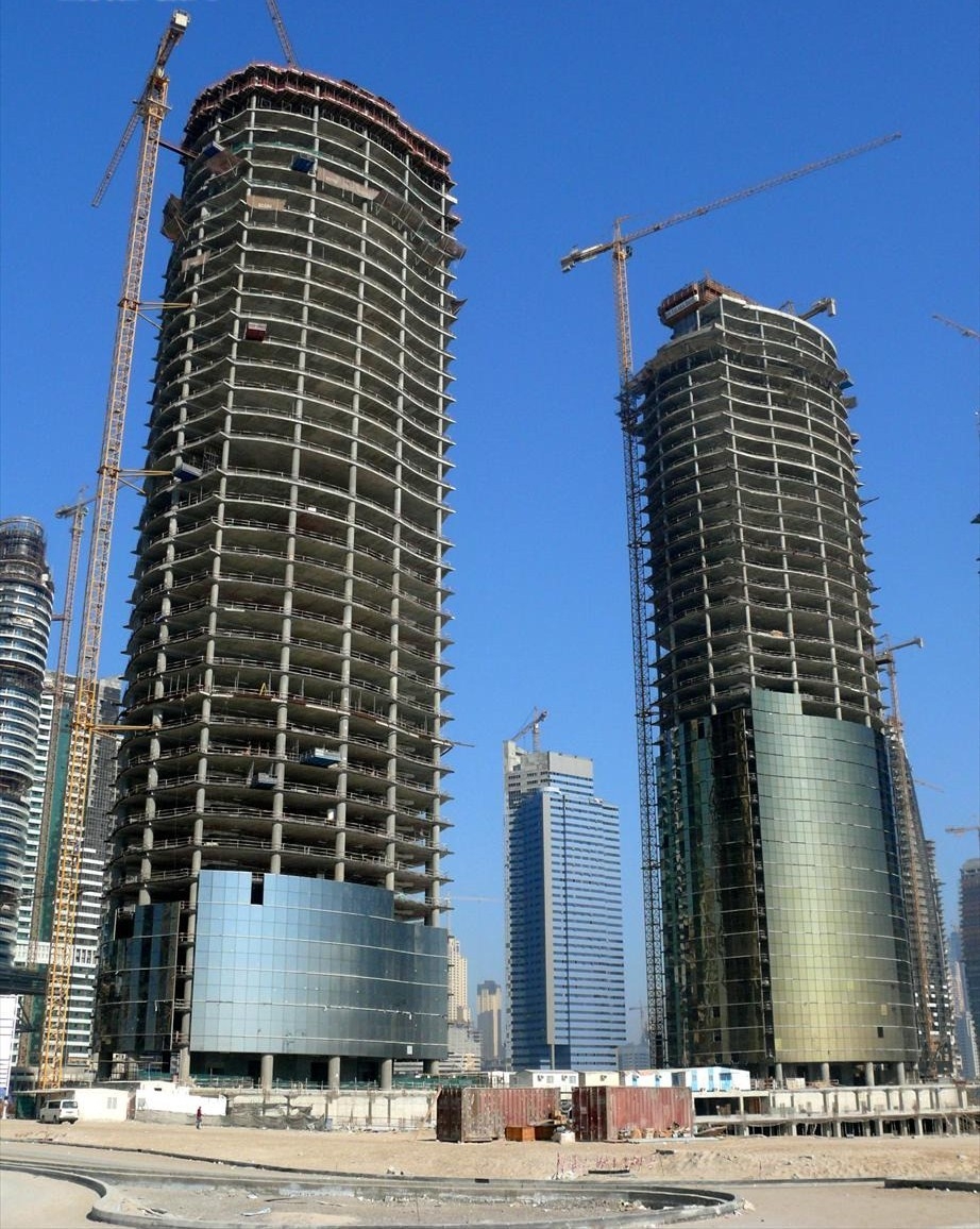 AG Tower (on the left) and AU Tower (on the right), located in Jumeirah Lake Towers in Dubai, United Arab Emirates 