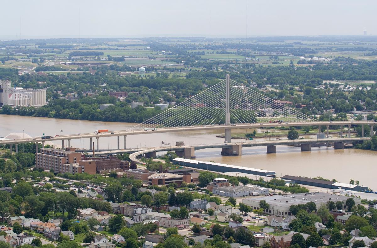 Veterans' Glass City Skyway, a 2007 cable-stayed bridge in Toledo, Ohio, with the Craig Memorial Bridge, a 1957 bascule bridge, in the foreground. 