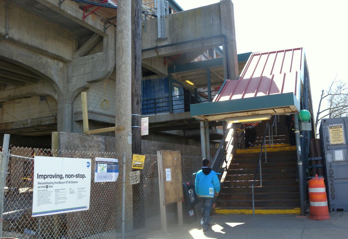 Looking west at eastern stair of Beach 67th St station under rehab 