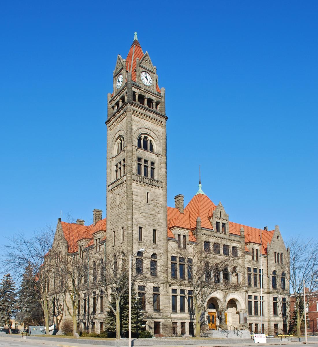 City Hall — Bay City, Michigan ; Romanesque revival style stone building on the National Register of Historic Places.