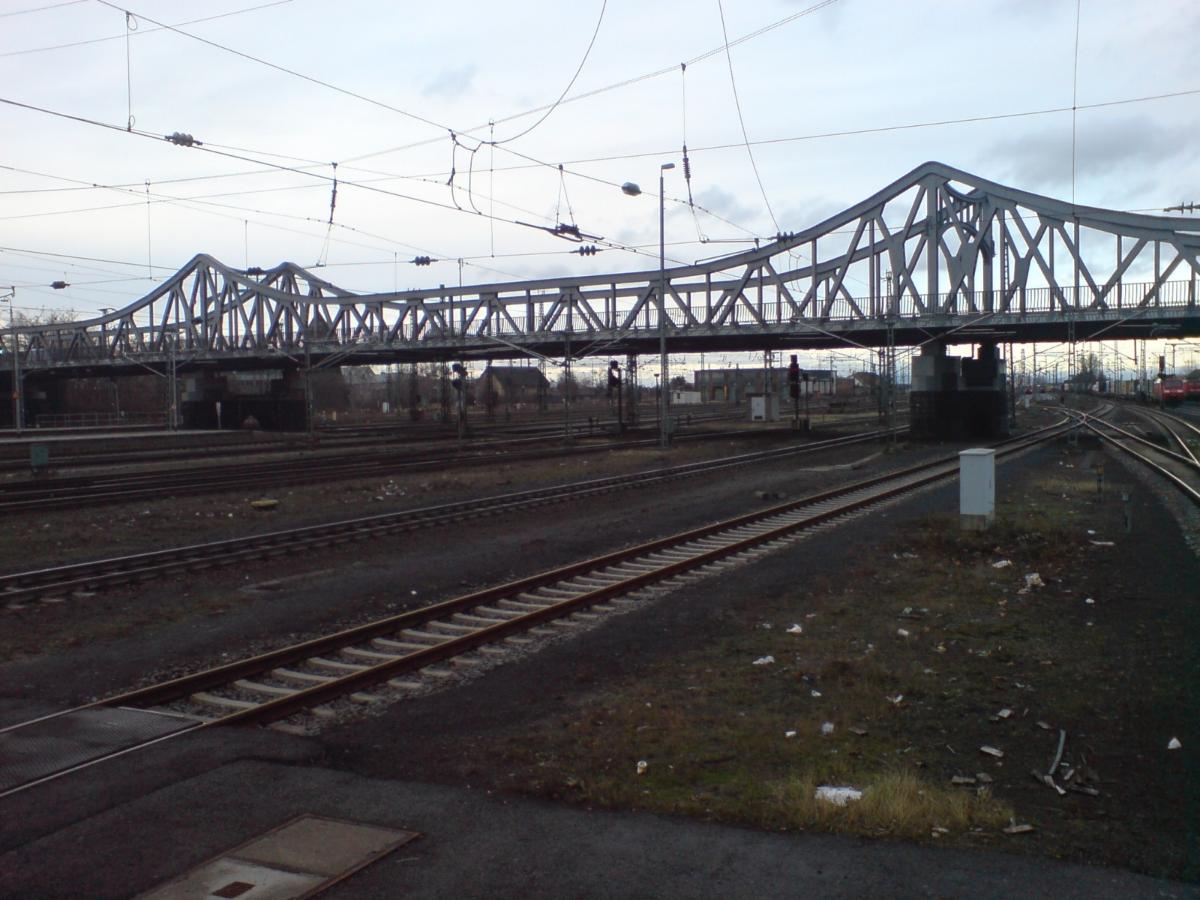 The Jugendstilbruecke or Dornheimer Bruecke in Darmstadt, Germany. Seen from the railway platform looking north-westwards 