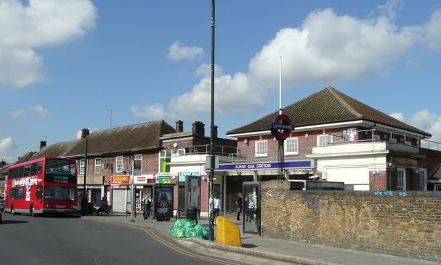 Bus and tube View of Burnt Oak Underground Station from the east. 