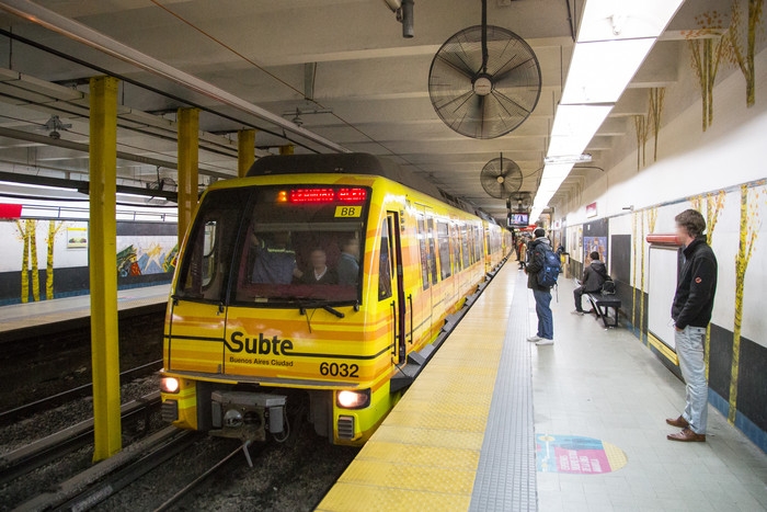 A CAF 6000 train at Dorrego station of the Buenos Aires Underground 