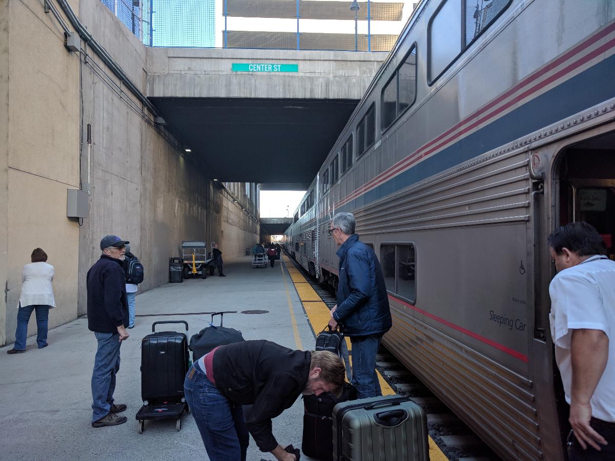 Passengers exit the westbound California Zephyr at Reno 