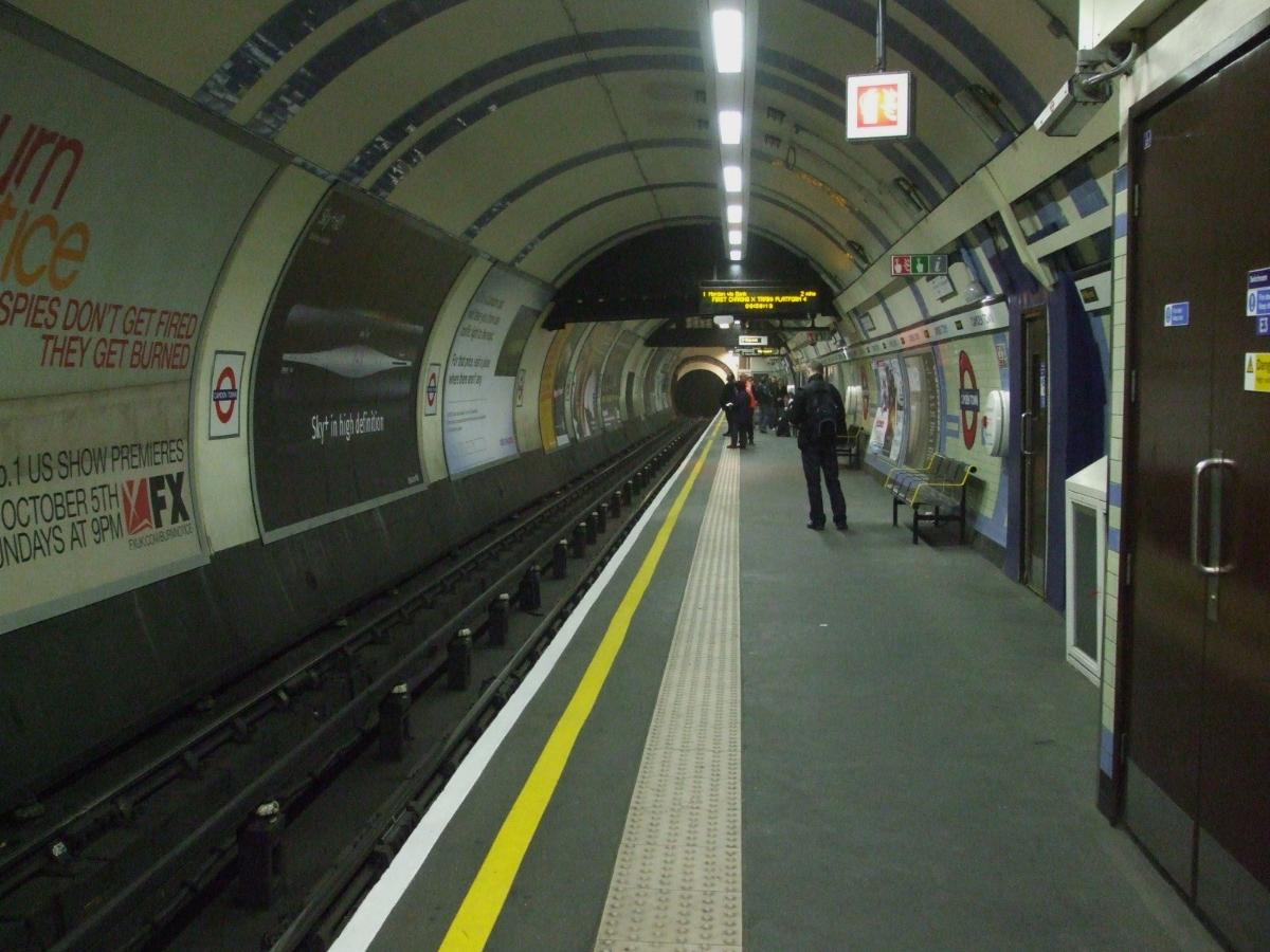 Camden Town tube station southbound Edgware branch platform looking north 