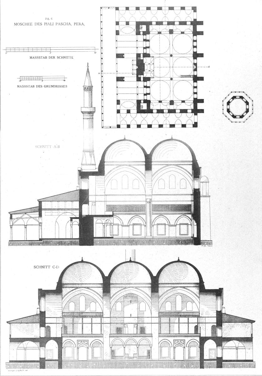 Cross sections and plan of the Piyale Pasha Mosque in Istanbul 
