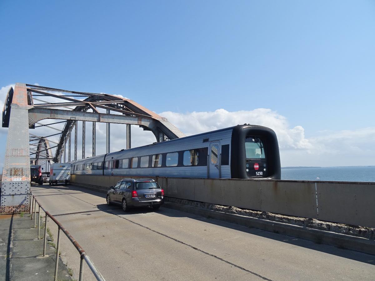The diesel multiple unit DSB IC3 30 on the Storstrom Bridge between Masnedø and Falster in Denmark 