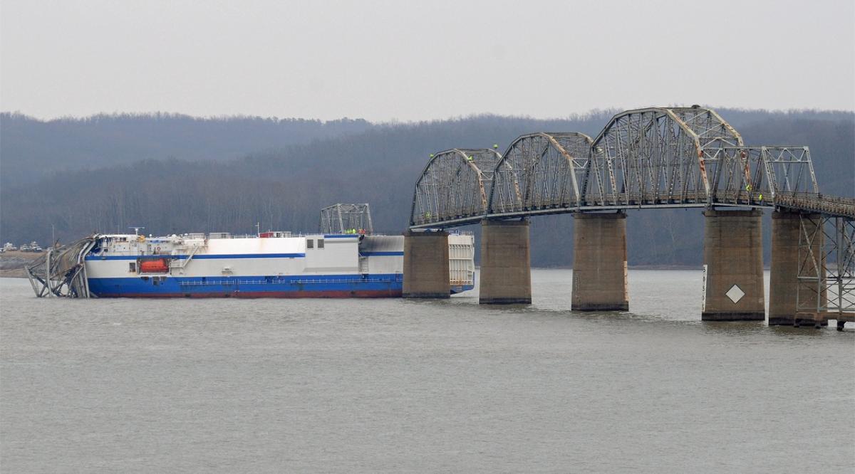 M/V Delta Mariner after ist collision with the Eggner Ferry Bridge The vessel struck the bridge, which spans Kentucky Lake in Marshall County, KY, on 26 January 2012, causing a span to collapse onto the bow of the ship.
