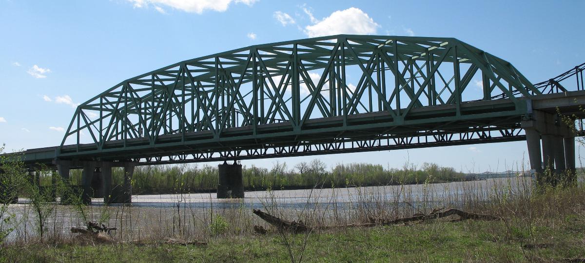 The Discovery Bridge in St. Charles, Missouri. The Wabash Bridge is immediately behind Blanchette Memorial Bridge is visible in distance.