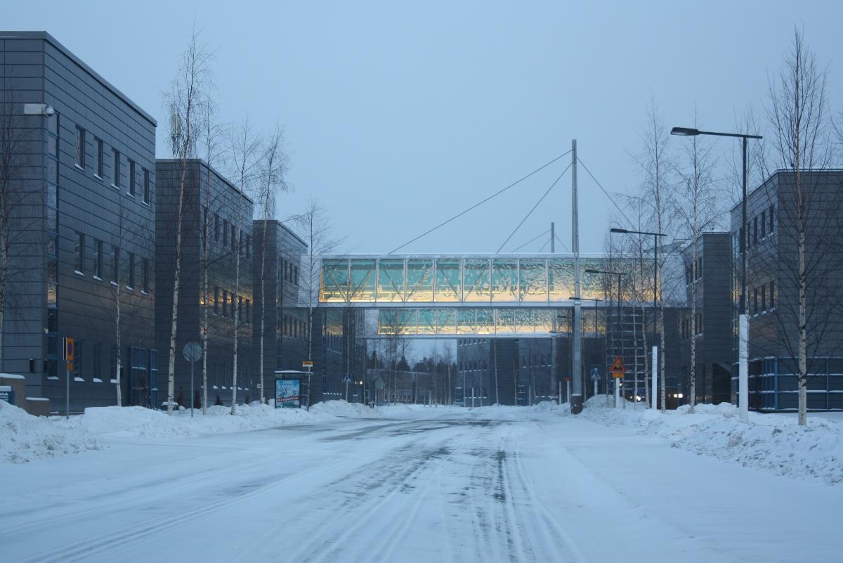Skyways over the Elektroniikkatie street in the science park in Oulu 