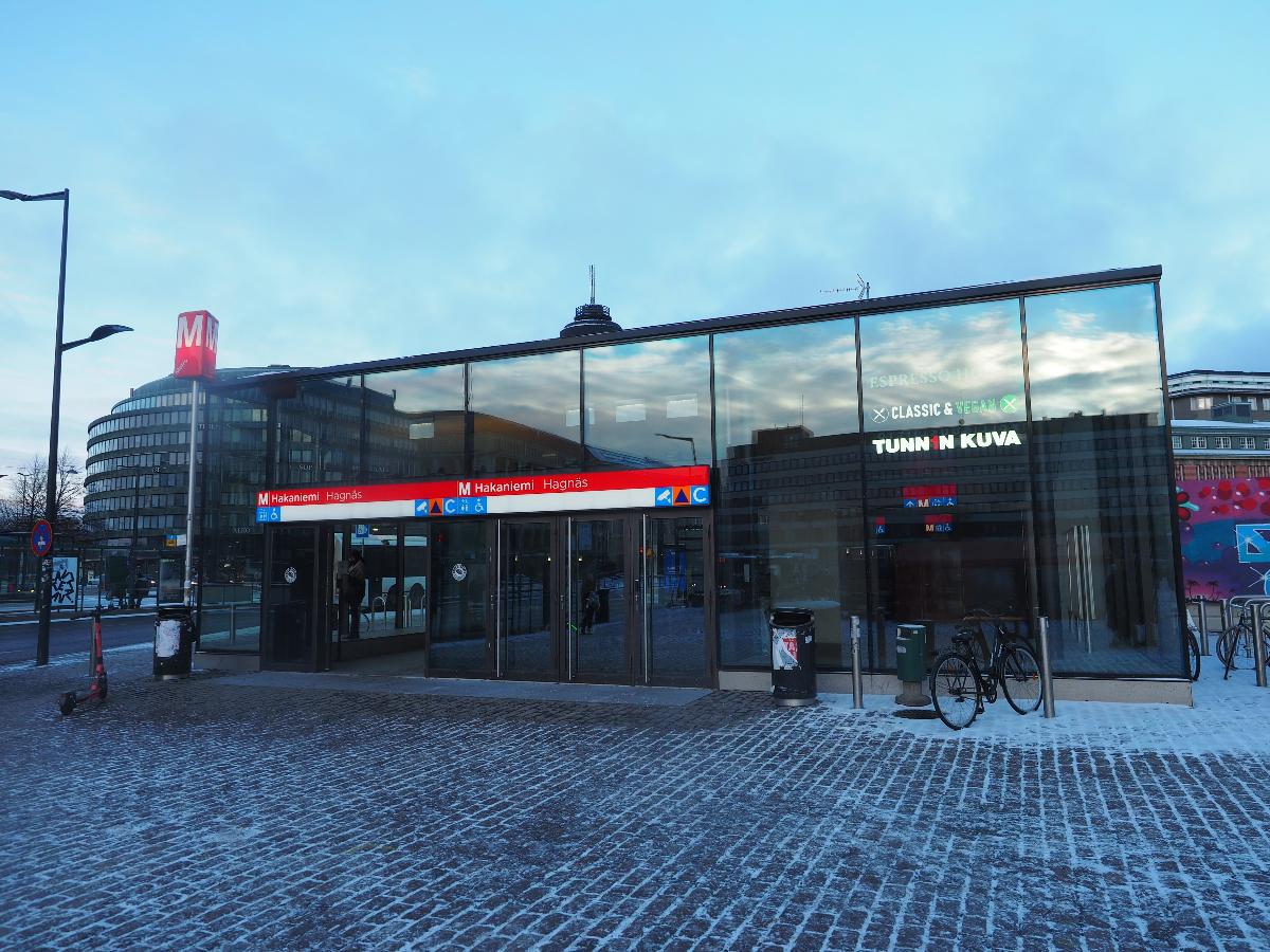 Main entrance to the Hakaniemi metro station in Helsinki, Finland, on a December afternoon. 