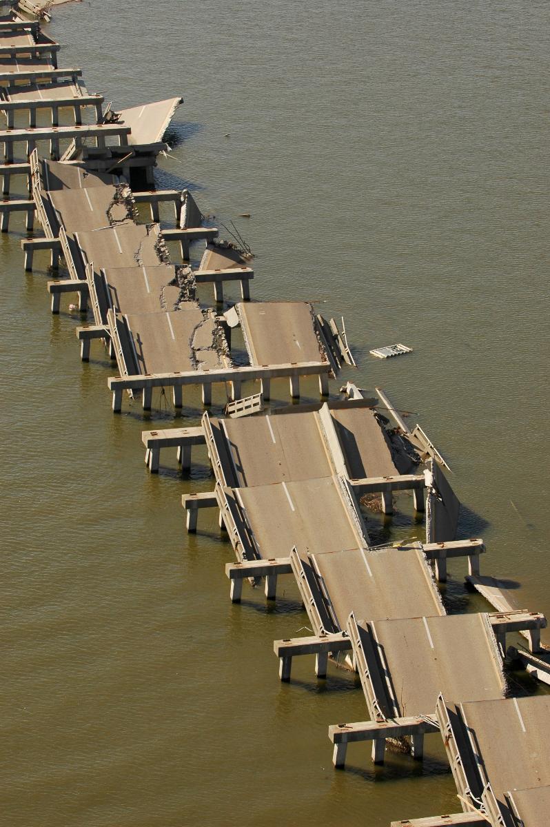 Bay Saint Louis Bridge Aerial photo of destroyed Mississippi gulf coast Highway I-90 as a result of winds and tidal surge from Hurricane Katrina. This section of bridge connects Pass Christian, near Gulfport to Bay St. Louis. John Fleck / FEMA