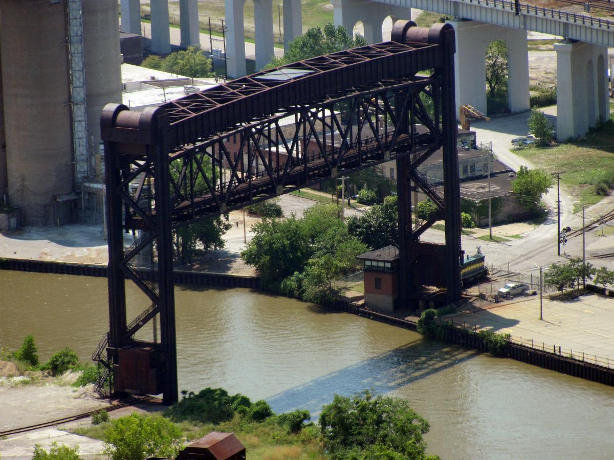 Flats Industrial Railroad lift bridge over the Cuyahoga river As seen from the Terminal Tower observation deck.