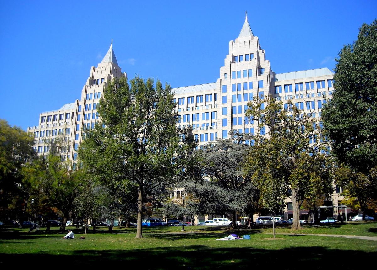 One Franklin Square, the tallest commercial building in Washington, D.C., with Franklin Square in the foreground 