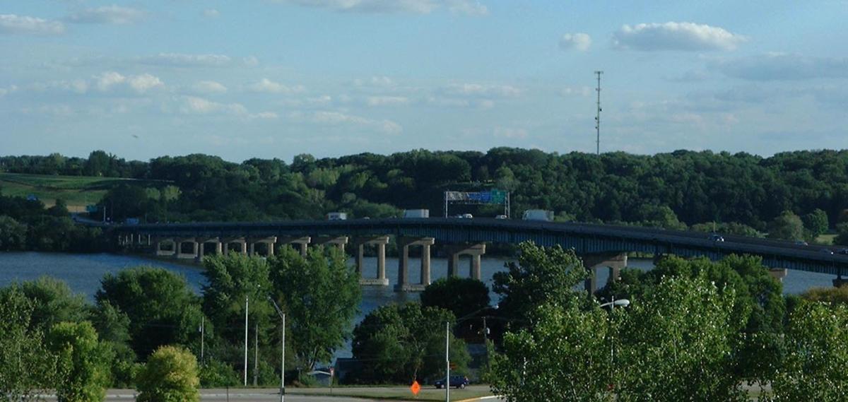 The Fred Schwengel Memorial Bridge (Interstate 80) over the Mississippi River, as viewed from the Iowa side 