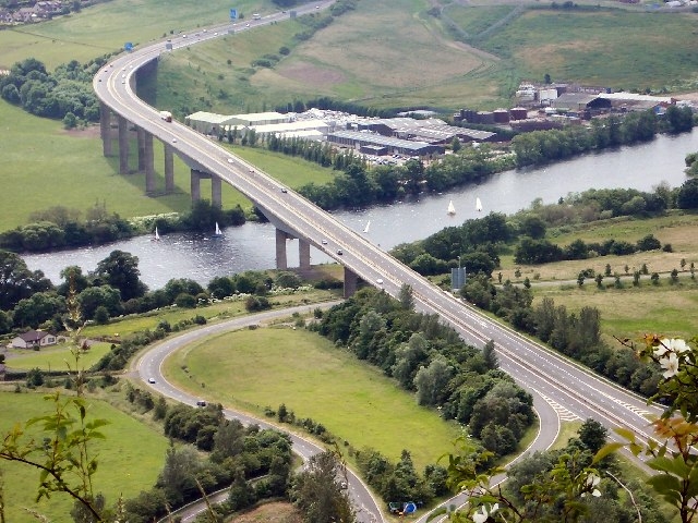 Friarton Bridge and the River Tay Looking down towards Friarton Bridge and the River Tay from the cliffs of Kinnoull Hill, with a clear view of the M9 motorway junction on the north bank.