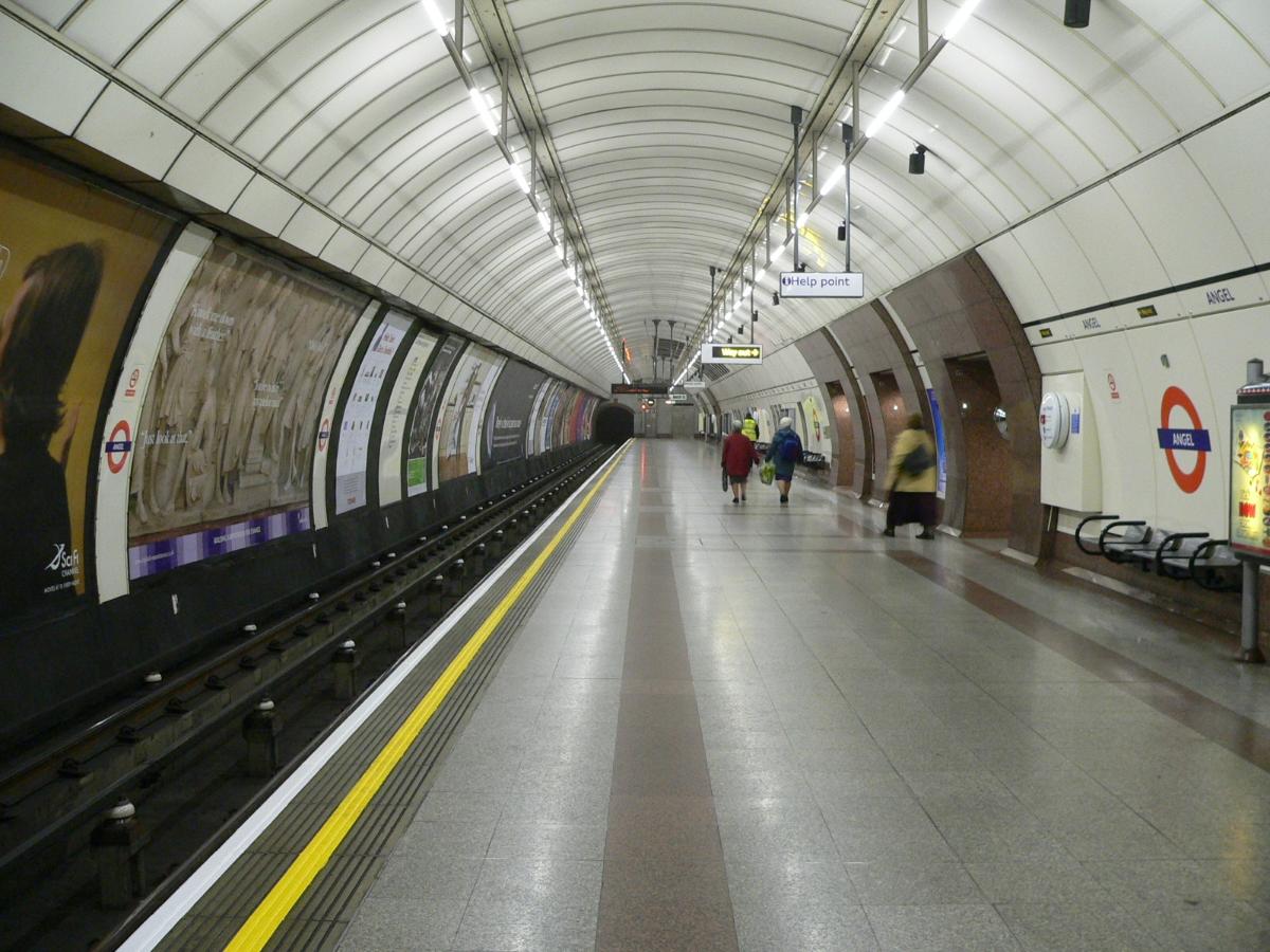 The extra-wide southbound platform at London Underground 's Angel station To combat chronic overcrowding a new section of tunnel was excavated in 1992 for a new northbound platform and the southbound platform was rebuilt to completely occupy the original 30-foot tunnel.