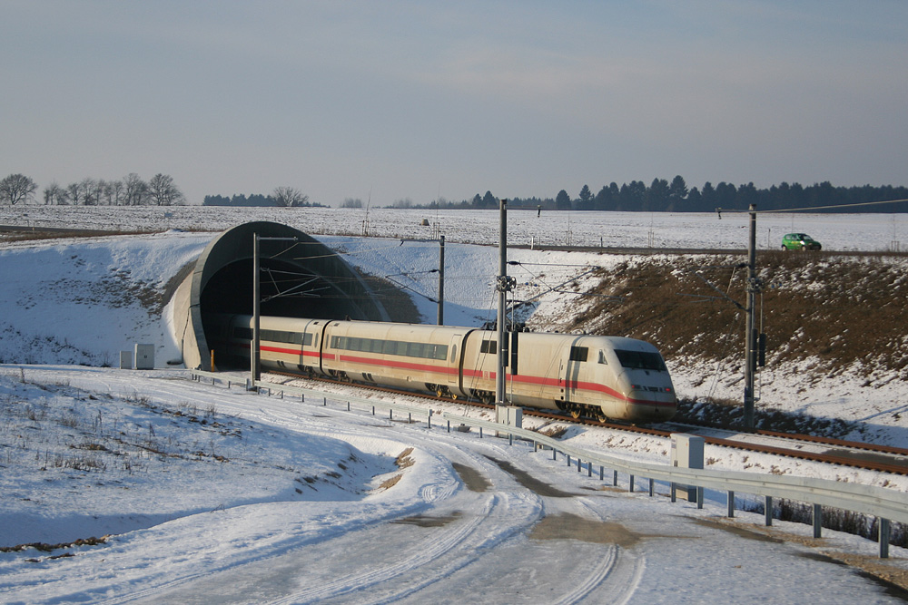An ICE S test train leaves the north entrance to the Geisberg-Tunnel, Nuremberg-Munich high-speed railway line 