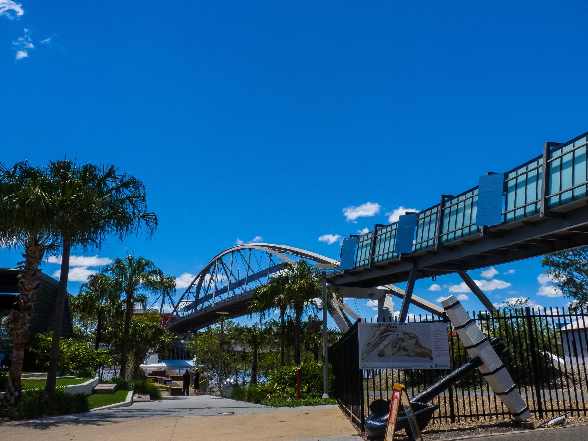 Goodwill Bridge, Brisbane The Goodwill Bridge is a pedestrian and cyclist bridge which spans the Brisbane River in Brisbane, Queensland, Australia. The bridge connects the South Bank Parklands in South Brisbane to Gardens Point in the Brisbane CBD. 
The Goodwill Bridge was opened on 21 October 2001 and takes its name from the Goodwill Games, which were held in Brisbane that year.