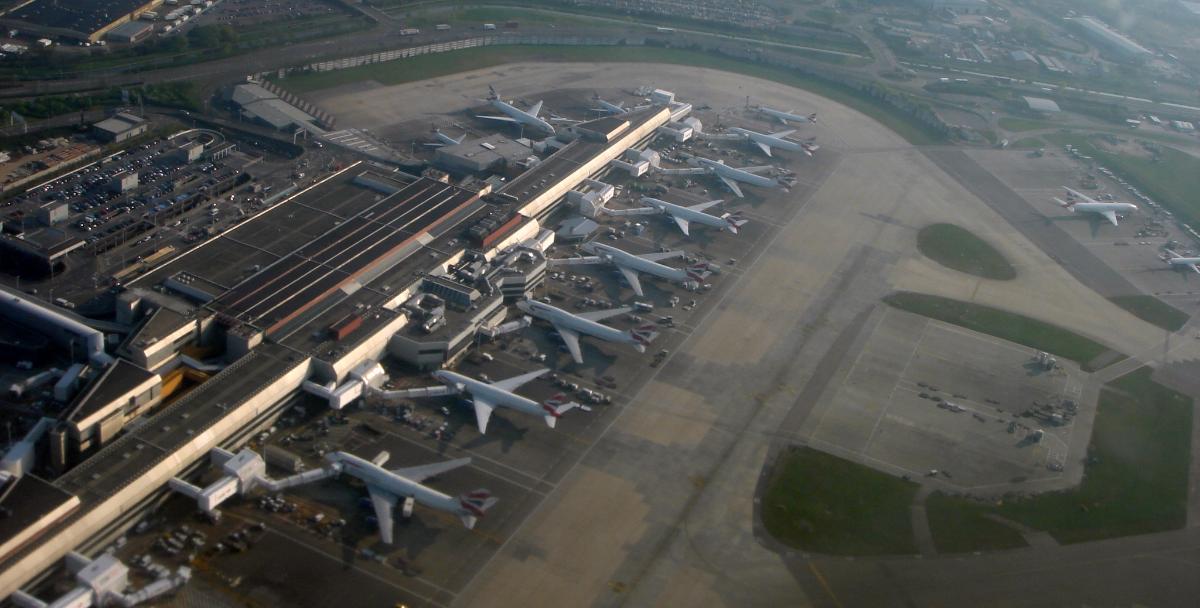Aerial view of the London Heathrow Airport with several British Airways planes at Terminal 4 