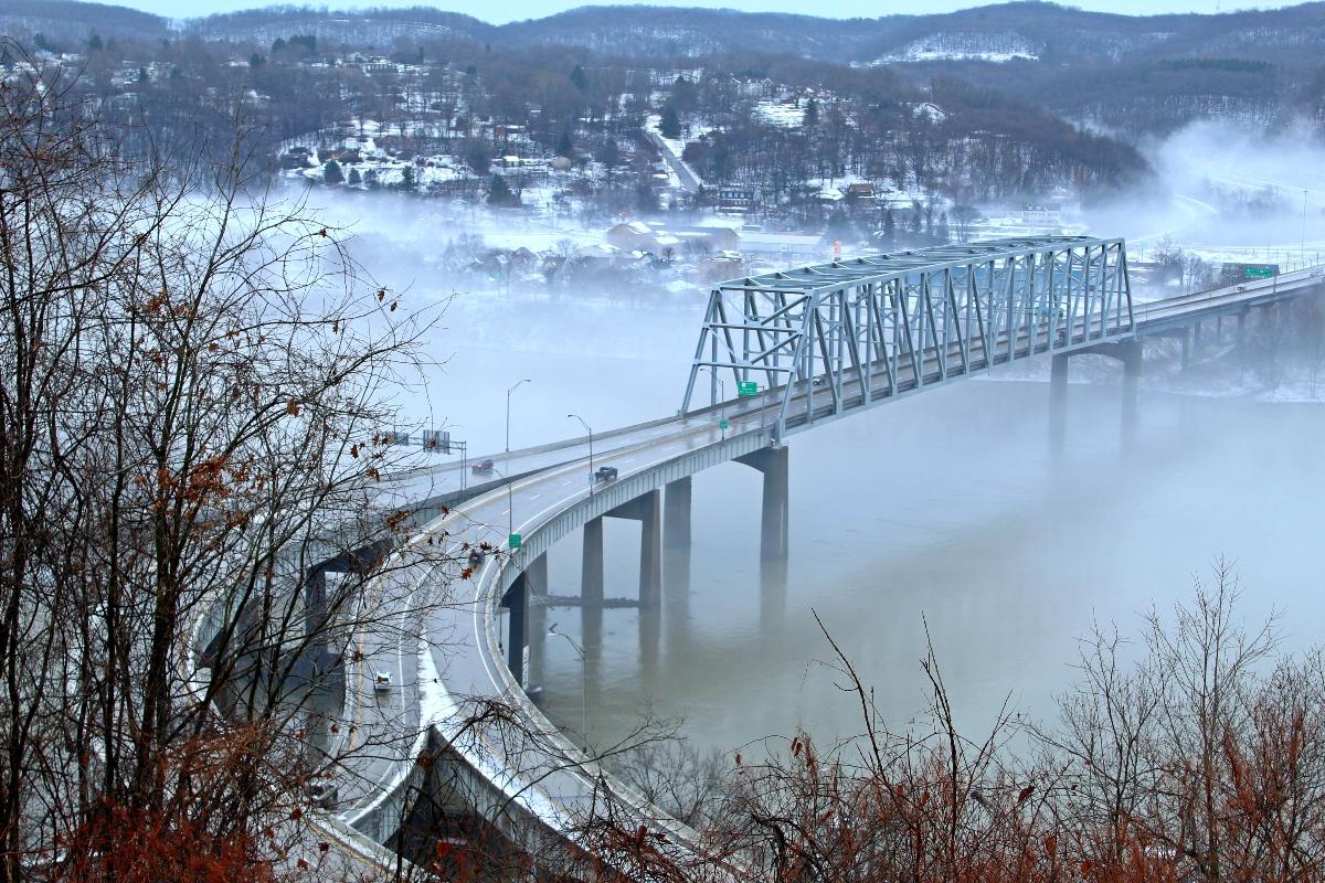 Jennings Randolph Bridge Route 30 and the Jennings Randolph Bridge as it crosses the Ohio River connecting Ohio and West Virginia.