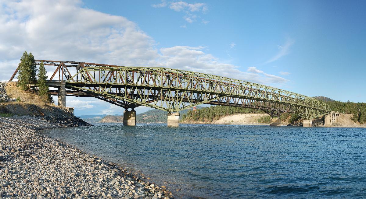 120° panorama of the twin bridges spanning the Columbia River at Kettle Falls, Washington Behind the highway bridge is the suspended span on the west side of the rail bridge