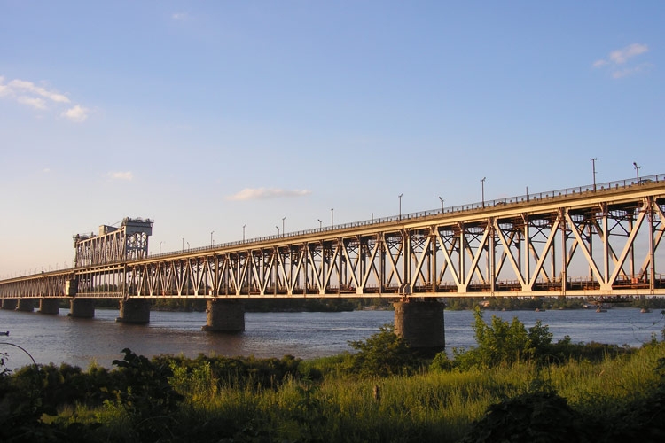 The Kryukov Bridge over the Dnieper River, in Kremenchuk, Ukraine This view is from the southwest.