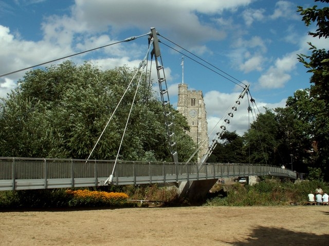 Lockmeadow Millennium Bridge, Maidstone, Kent This footbridge was opened to the public in October 1999 and it has since won a Structural Achievement Award. The tower of All Saints church can be seen in the background.
