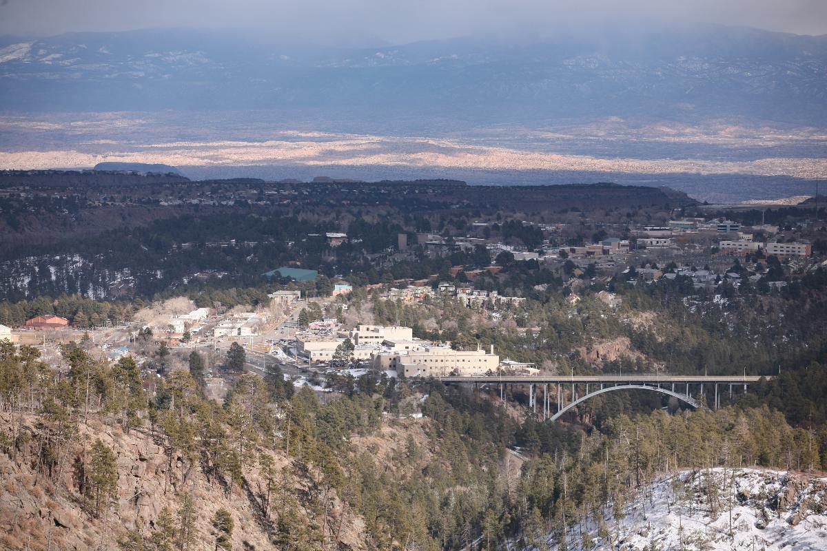 View over Los Alamos, New Mexico The bridge in the lower right is Omega bridge across Los Alamos Canyon.