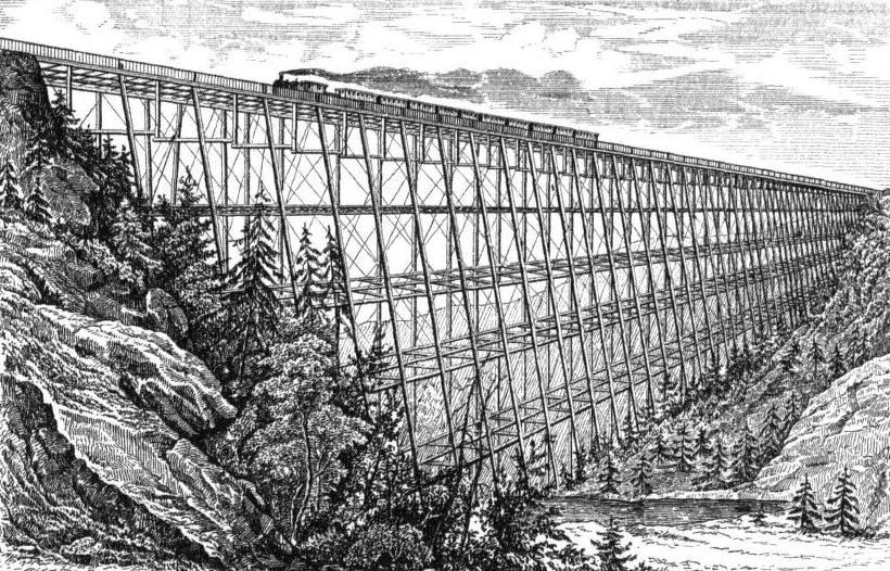 Lyman Viaduct, built over Dickinson Creek in Colchester, Connecticut On the Boston and New York Airline Railroad, later the New York, New Haven and Hartford Railroad. The wrought iron trestle was built in 1873; the Dickinson Creek valley was filled in and the trestle was covered over in 1912-13.