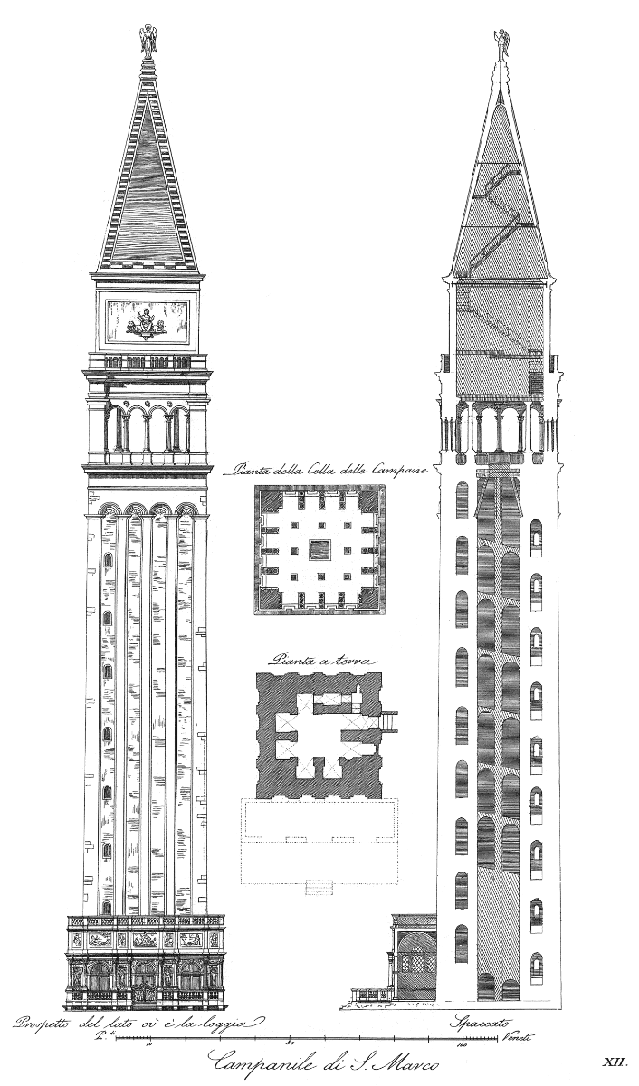 Media File No. 136851 View, vertical section and ground-plans of the Campanile San Marco in Venezia (i. e. Venice, Venedig etc.) in Italy before it crashed in 1902. The present campanile is a true copy of this original building so this picture also applies to today's building