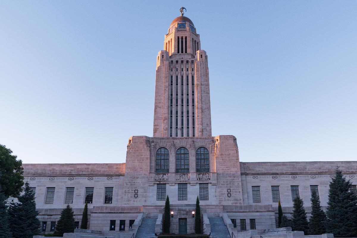 The Nebraska State Capitol building at 1445 K Street in Lincoln, Nebraska 