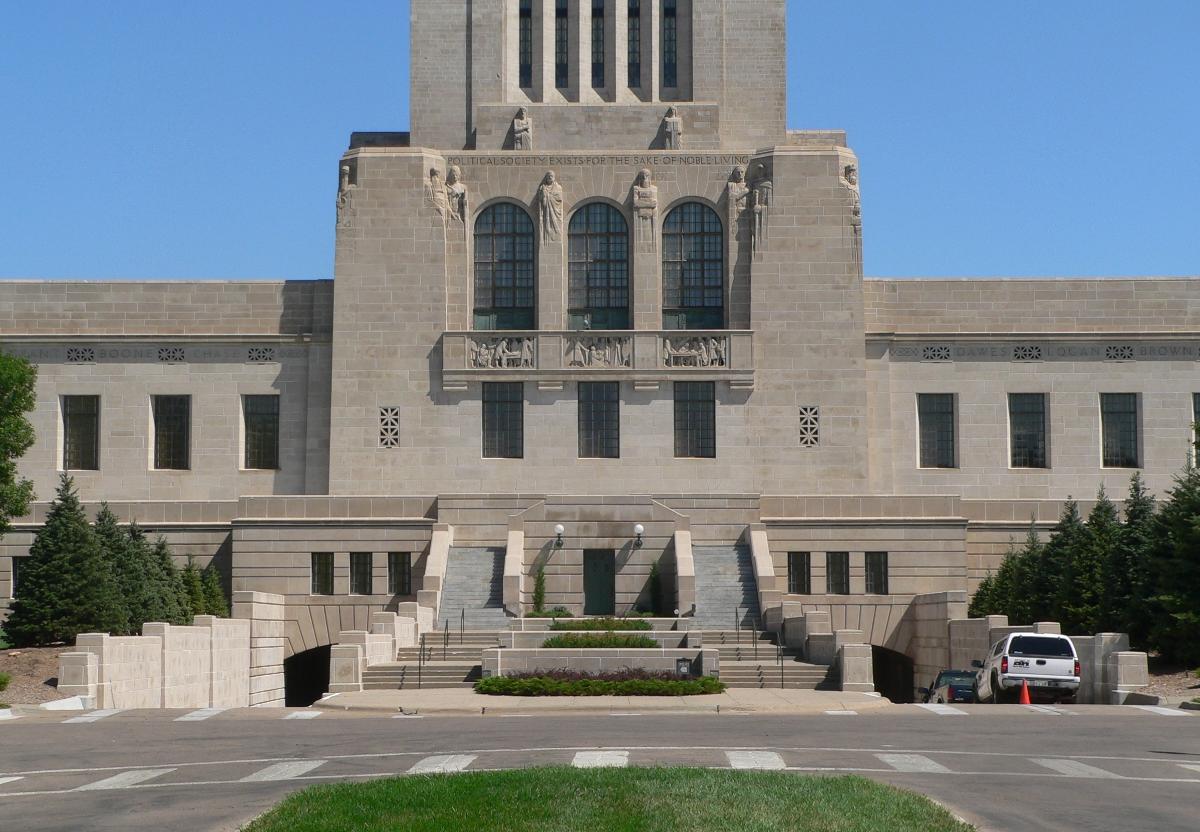 Nebraska State Capitol in Lincoln, Nebraska South entrance, photographed from Goodhue Boulevard south of H Street.