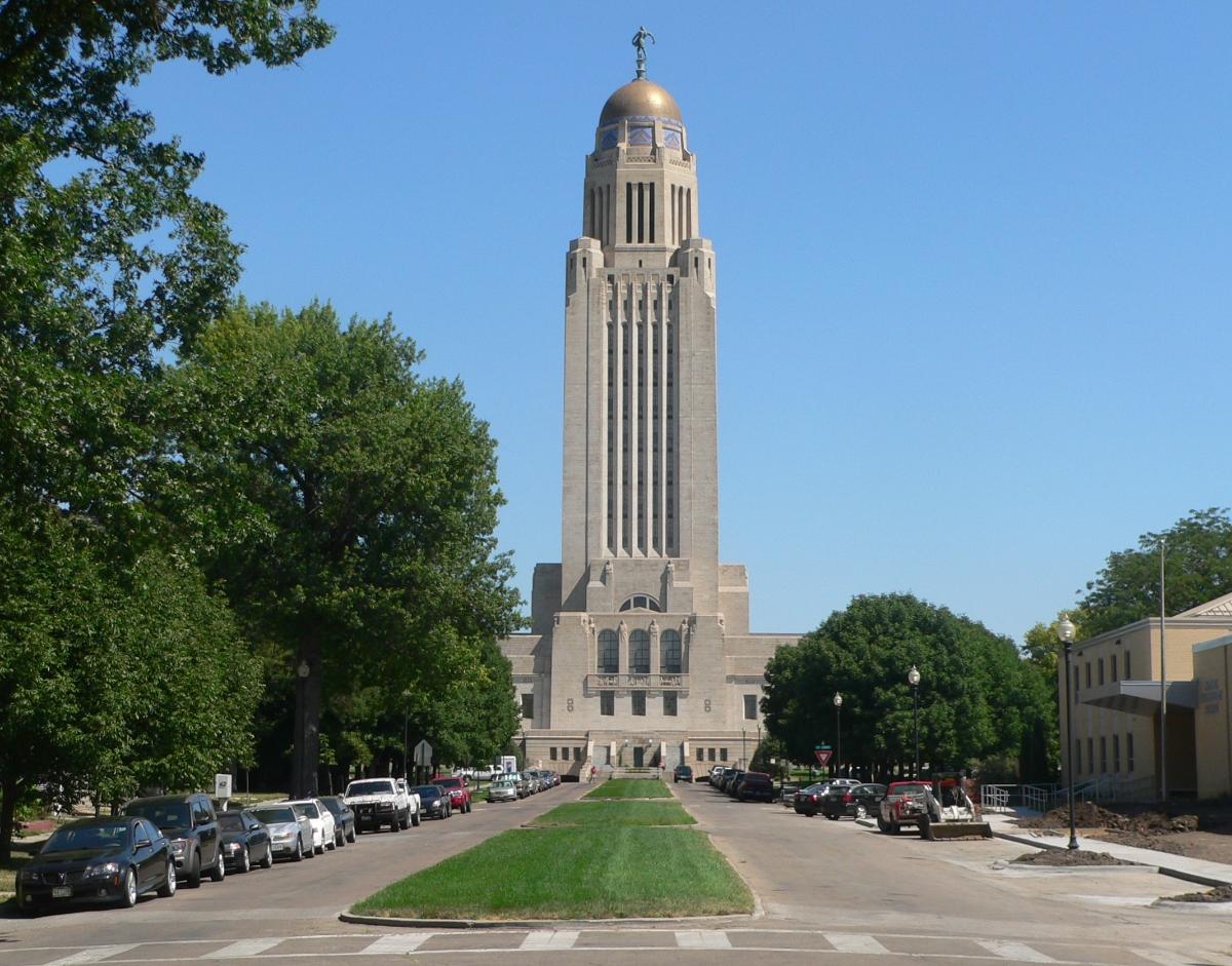 Nebraska State Capitol in Lincoln, Nebraska; seen from the south, looking north along Goodhue Boulevard from about F Street 
