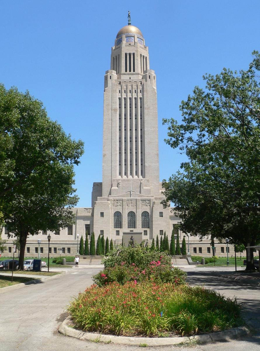 Nebraska State Capitol in Lincoln, Nebraska; seen from the west, looking east along Lincoln Mall from about 13th Street 