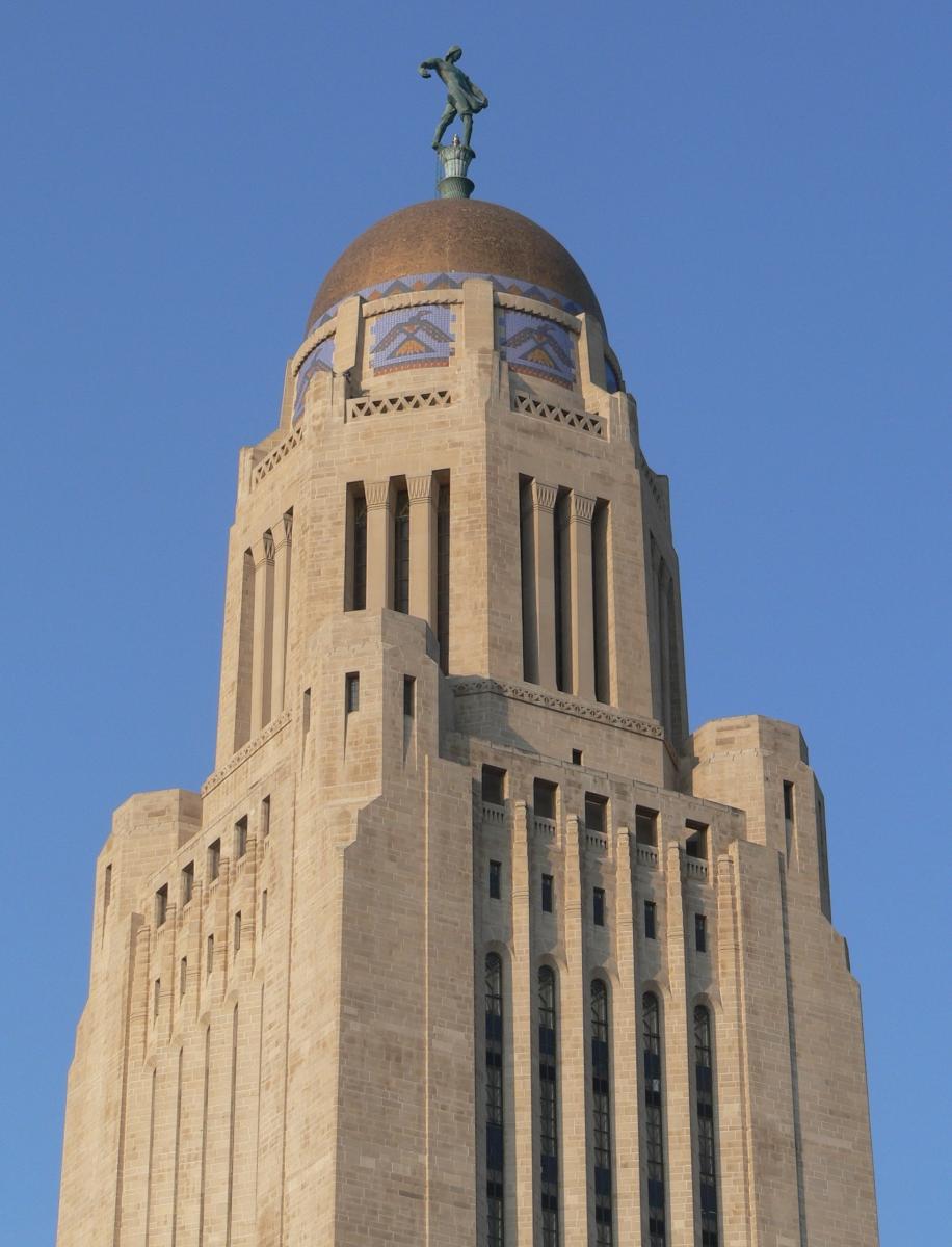 Nebraska State Capitol in Lincoln, Nebraska Upper portion of tower, seen from the northeast.