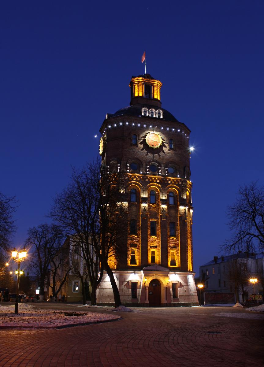 The former water tower in the center of Vinnitsa, Ukraine View in the winter evening.