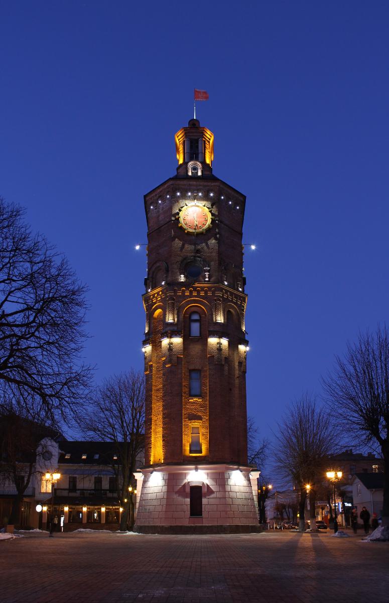 The former water tower in the center of Vinnitsa, Ukraine View in the winter evening.