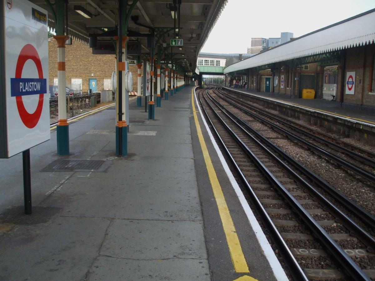 Plaistow tube station looking east, with bay platform buffers visible on left and former mainline London, Tilbury &amp; Southend line platforms visible on the far right.