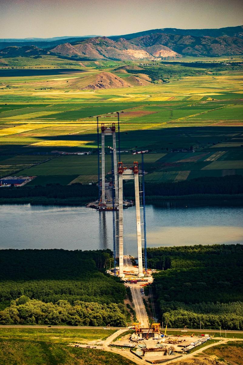 Suspension bridge over the Danube near Brăila, Romania: aerial picture 